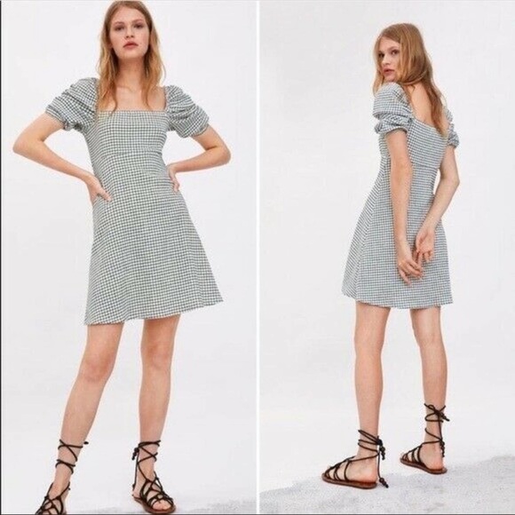 ZARA Plaid Puff Sleeve Cottagecore Dress White Med - Picture 1 of 7